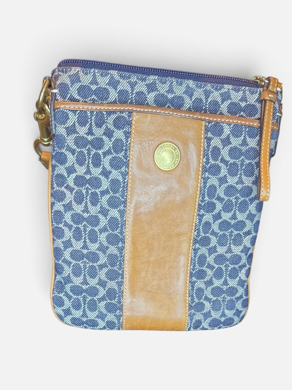 Coach Blue Signature Crossbody with Tan Leather Trim